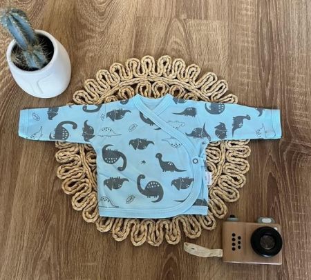 Novorozenecká bavlněná košilka Mamatti zapínání bokem, Dino park - modrá s potiskem, 50 (0-1m)