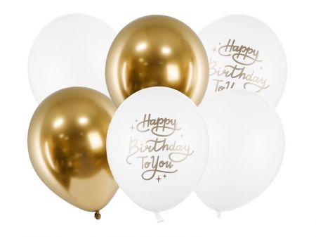 KIK Balónky 30cm Happy Birthday To You 6ks zlaté bílé KX4556