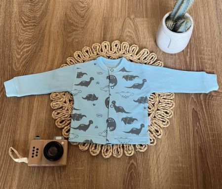 Novorozenecká bavlněná košilka, kabátek, Mamatti, Dino park - modrá s potiskem, vel. 56, 56 (1-2m)