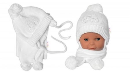 BABY NELLYS Zimní čepička s šálou - Autíčko bílá, 56-68 (0-6 m)