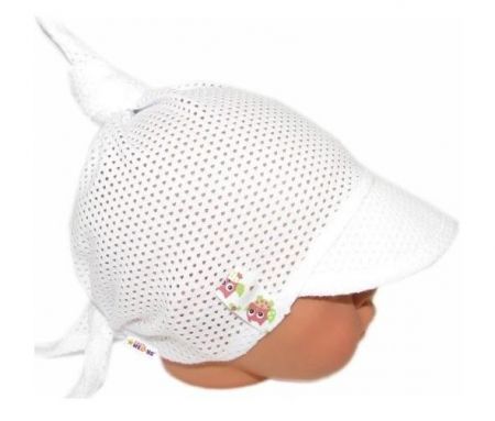 Baby Nellys Dětský síťkovaný šátek s kšiltem na zavazování, GIRL sovičky - bílý, 68-86 (6-18m)