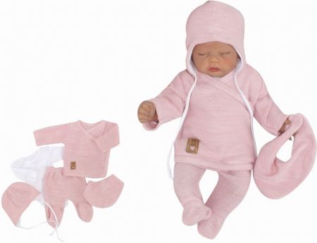 Z&Z 5-dílná pletená kojenecká soupravička s šátkem- růžová, bílá Velikost: 68 (3-6m)