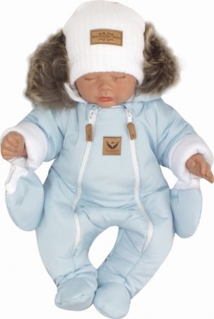 Z&Z Zimní kombinéza s dvojitým zipem, kapucí a kožešinou + rukavičky, Angel - modrý Velikost: 56 (1-2m)