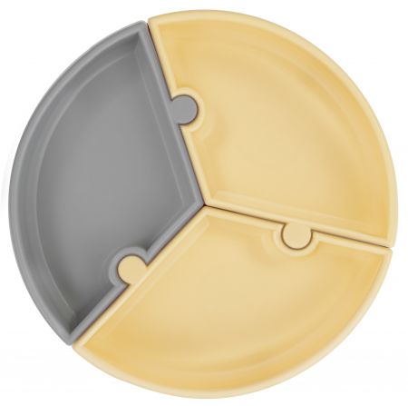 Minikoioi Puzzle silikonový talíř s přísavkou šedo žlutý