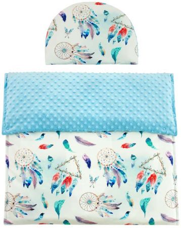 ESITO Luxusní deka s polštářem do kočárku Minky Modrý sen 3 v 1 - modrá / 65 x 85, 35 x 27 cm