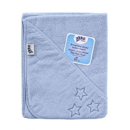 BIO bavlněná froté osuška s kapucí XKKO Organic 90x90 - Baby Blue Stars