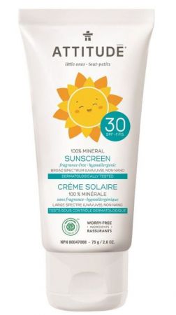 Dětský 100% minerální opalovací krém ATTITUDE (SPF 30) bez vůně 75g