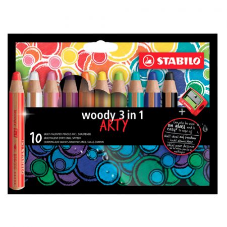 STABILO - Pastelky woody 3in1 ARTY, sada 10 ks + ořezávátko