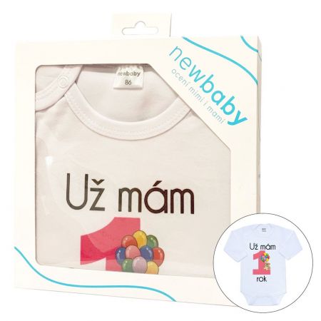 Body s potiskem New Baby Už mám 1 rok růžové - dárkové balení 80 (9-12m)